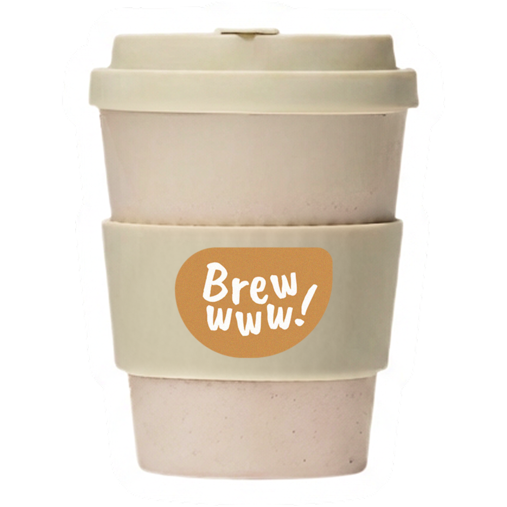 A cream Brewwww! takeaway cup with a white sticker border